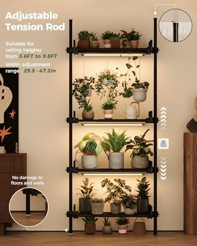 Tension Rod Plant Stand with Grow Lights Adjustable Hanging Shelf, alternate view 3