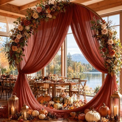 Terracotta Wedding Arch Draping Fabric Sheer Curtain Drapes 4 Panels | 20ft Burnt Orange Extra Long Shimmery, alternate view