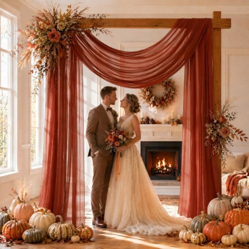 Terracotta Wedding Arch Draping Fabric Sheer Curtain Drapes 4 Panels | 20ft Burnt Orange Extra Long Shimmery, alternate view