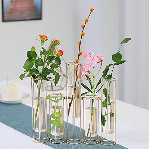 Test Tube Vase for Flowers, Glass Vase with Metal Stand Racks Hydroponic Test Tube Vase Set of 5, Gold Hinged, alternate view