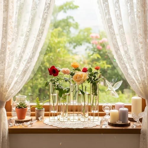 Test Tube Vase for Flowers, Glass Vase with Metal Stand Racks Hydroponic Test Tube Vase Set of 5, Gold Hinged, alternate view