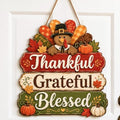 Thankful Grateful Blessed Door Sign, Wooden Turkey Pumpkin Fall Decor
