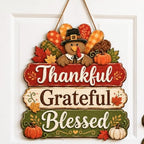 Thankful Grateful Blessed Door Sign, Wooden Turkey Pumpkin Fall Decor