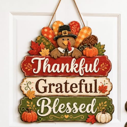Thankful Grateful Blessed Door Sign, Wooden Turkey Pumpkin Fall Decor