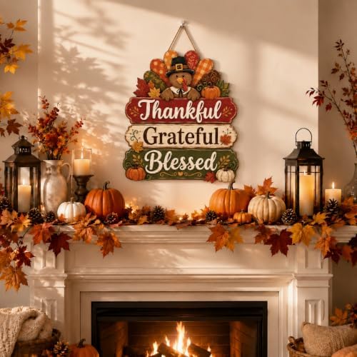 Thankful Grateful Blessed Door Sign, Wooden Turkey Pumpkin Fall Decor, alternate view 3