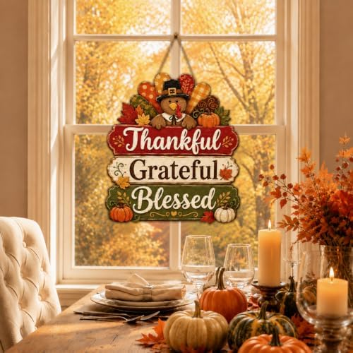 Thankful Grateful Blessed Door Sign, Wooden Turkey Pumpkin Fall Decor, alternate view 4