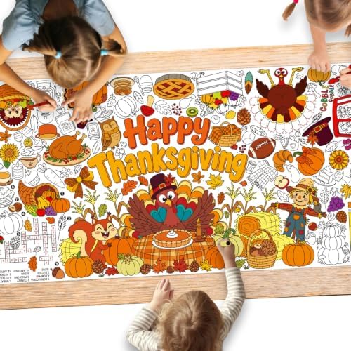 Thanksgiving Decorations Activity Poster, 31.5 x 72 Inch Turkey-Themed Thanksgiving Tablecloth, Paper Coloring