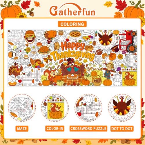 Thanksgiving Decorations Activity Poster, 31.5 x 72 Inch Turkey-Themed Thanksgiving Tablecloth, Paper Coloring, alternate