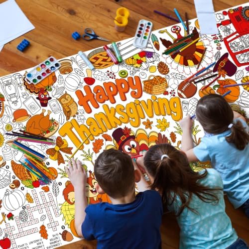 Thanksgiving Decorations Activity Poster, 31.5 x 72 Inch Turkey-Themed Thanksgiving Tablecloth, Paper Coloring, alternate