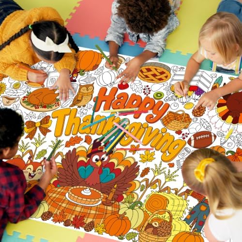 Thanksgiving Decorations Activity Poster, 31.5 x 72 Inch Turkey-Themed Thanksgiving Tablecloth, Paper Coloring, alternate