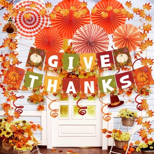 Thanksgiving Decorations GIVE Thanks Hanging Banner Porch Sign Autumn Pumpkin Maple Leaf Hanging Garland, alternate view 2