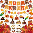 Thanksgiving Decorations Set, GIVE THANKS Banner and Garland, Hanging Swirls, Turkey Glasses and Maple Leaf for