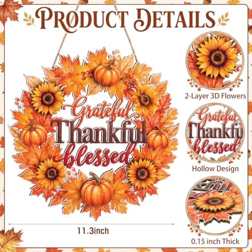 Thanksgiving Door Sign Decorations Wreath Wooden Fall Autumn Hanging Sign 3D Hollow Maple Leaf Pumpkin Front, alternate view