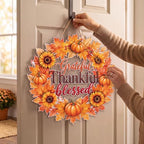 Thanksgiving Door Sign Decorations Wreath Wooden Fall Autumn Hanging Sign 3D Hollow Maple Leaf Pumpkin Front, alternate view