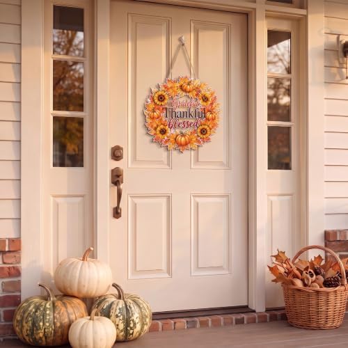 Thanksgiving Door Sign Decorations Wreath Wooden Fall Autumn Hanging Sign 3D Hollow Maple Leaf Pumpkin Front, alternate view