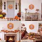 Thanksgiving Door Sign Decorations Wreath Wooden Fall Autumn Hanging Sign 3D Hollow Maple Leaf Pumpkin Front, alternate view