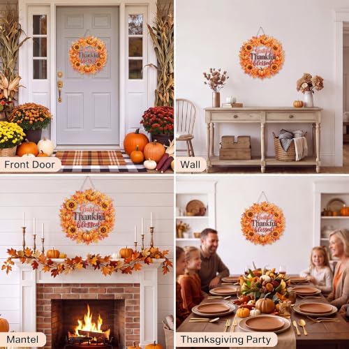 Thanksgiving Door Sign Decorations Wreath Wooden Fall Autumn Hanging Sign 3D Hollow Maple Leaf Pumpkin Front, alternate view