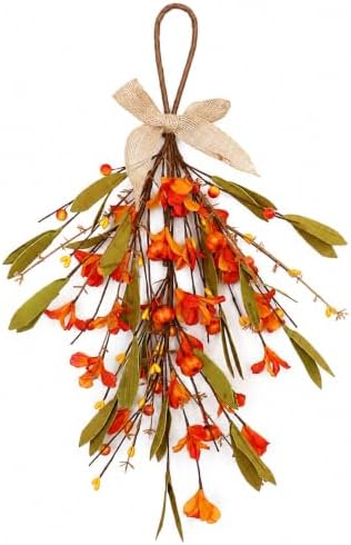 Thanksgiving Fall Hanging Swag Decor, Artificial Autumn Flower Pumpkin Door Decoration with Orange Berries, Fall