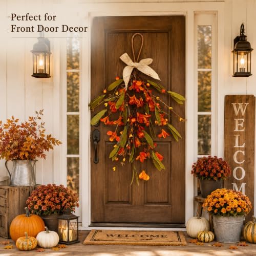 Thanksgiving Fall Hanging Swag Decor, Artificial Autumn Flower Pumpkin Door Decoration with Orange Berries, Fall, alternate