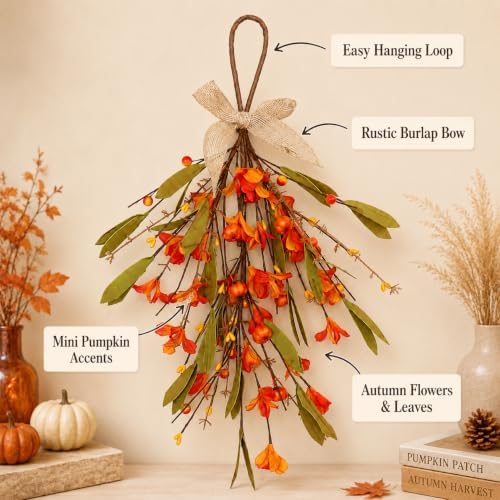 Thanksgiving Fall Hanging Swag Decor, Artificial Autumn Flower Pumpkin Door Decoration with Orange Berries, Fall, alternate