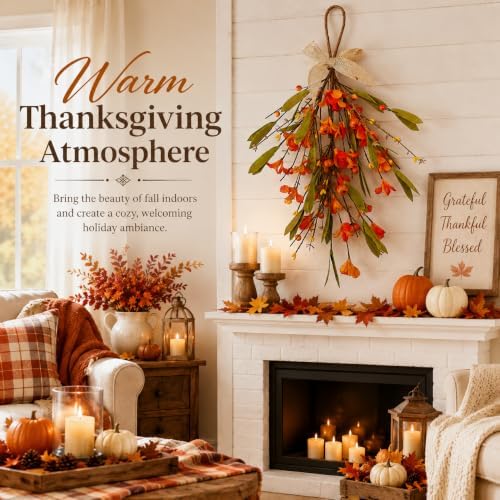 Thanksgiving Fall Hanging Swag Decor, Artificial Autumn Flower Pumpkin Door Decoration with Orange Berries, Fall, alternate