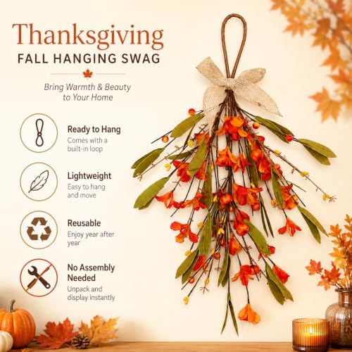Thanksgiving Fall Hanging Swag Decor, Artificial Autumn Flower Pumpkin Door Decoration with Orange Berries, Fall, alternate