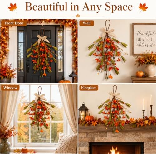 Thanksgiving Fall Hanging Swag Decor, Artificial Autumn Flower Pumpkin Door Decoration with Orange Berries, Fall, alternate