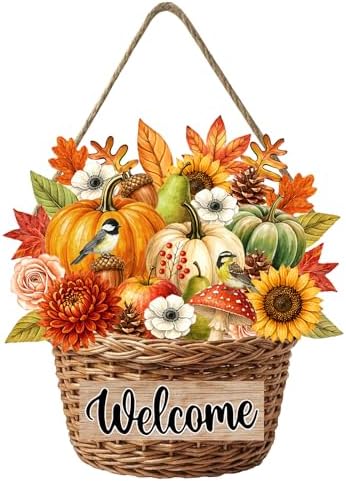 Thanksgiving Front Door Sign Rustic Sunflower Fall Door Decorations Wood Sign Farmhouse Maple Leaves Wreath Door