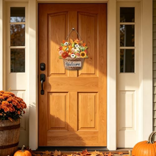 Thanksgiving Front Door Sign Rustic Sunflower Fall Door Decorations Wood Sign Farmhouse Maple Leaves Wreath Door, alternate