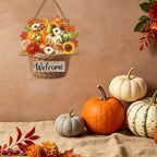 Thanksgiving Front Door Sign Rustic Sunflower Fall Door Decorations Wood Sign Farmhouse Maple Leaves Wreath Door, alternate