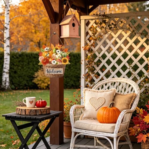 Thanksgiving Front Door Sign Rustic Sunflower Fall Door Decorations Wood Sign Farmhouse Maple Leaves Wreath Door, alternate