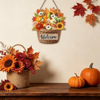 Thanksgiving Front Door Sign Rustic Sunflower Fall Door Decorations Wood Sign Farmhouse Maple Leaves Wreath Door, alternate