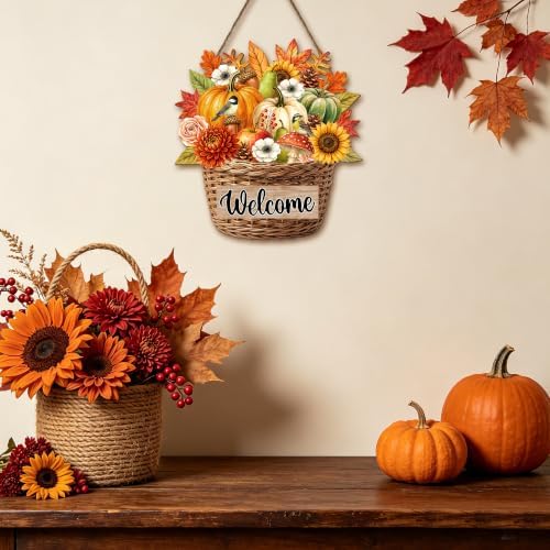 Thanksgiving Front Door Sign Rustic Sunflower Fall Door Decorations Wood Sign Farmhouse Maple Leaves Wreath Door, alternate