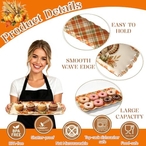 Thanksgiving Melamine Serving Trays Set of 2, 15.5x8 in Scalloped Platters in Thanksgiving Turkey Plaid, alternate view 3