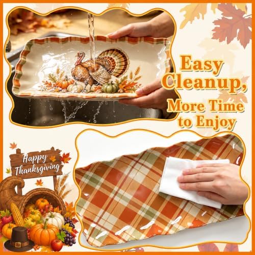 Thanksgiving Melamine Serving Trays Set of 2, 15.5x8 in Scalloped Platters in Thanksgiving Turkey Plaid, alternate view 4