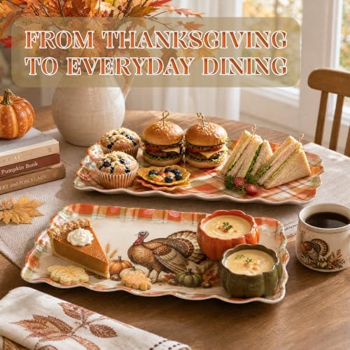 Thanksgiving Melamine Serving Trays Set of 2, 15.5x8 in Scalloped Platters in Thanksgiving Turkey Plaid, alternate view 5