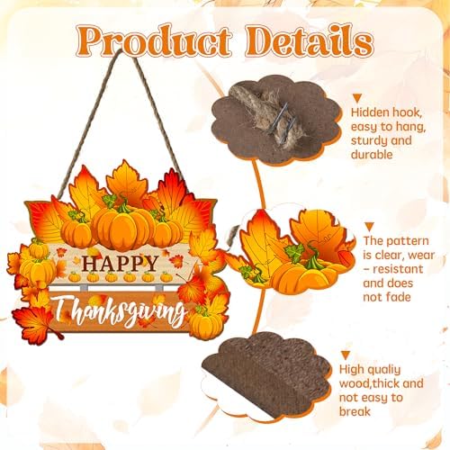 Thanksgiving Pumpkin Door Sign - Rustic Wall Art Plaque for Front Door, Home Office Decoration - Hanging Holiday, alternate