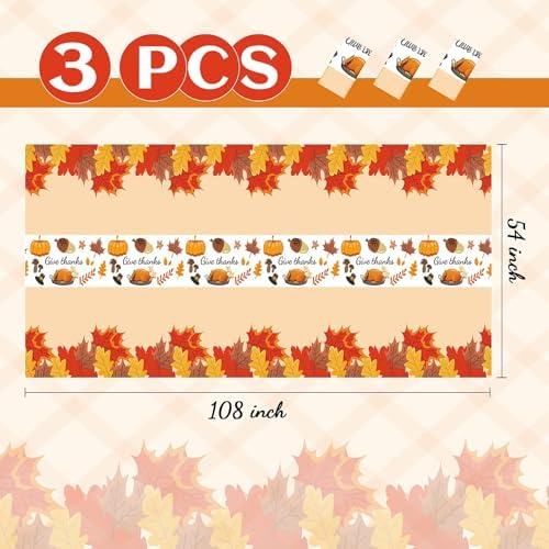Thanksgiving Tablecloth, 3 Pack Disposable Plastic Tablecloth 54" x 108" Thanksgiving Decorations, Autumn Maple, alternate