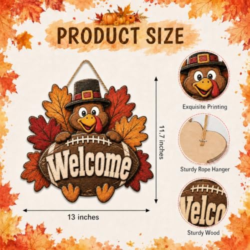 Thanksgiving Welcome Door Sign, Wooden Football Turkey Fall Hanging Decor, alternate view 2