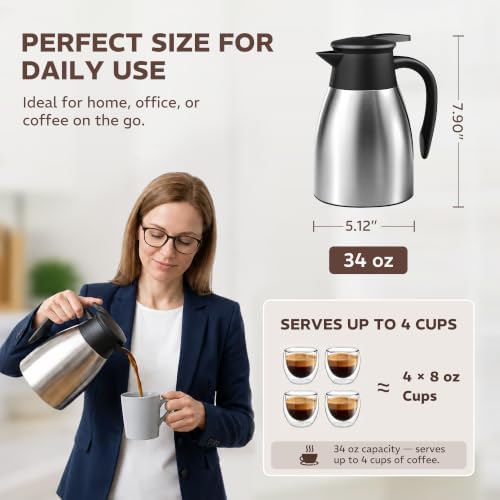 Thermal Coffee Carafe for Keeping Hot - 34OZ Insulated Small Coffee Pot, alternate view 3