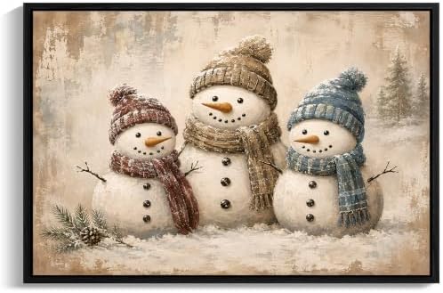 Three Snowmen Framed Christmas Wall Art, Snowman Family Canvas Pictures