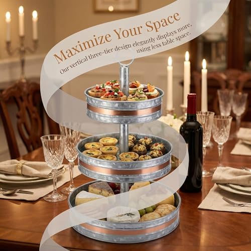 Three Tiered Serving Stand, Rustic Metal Cupcake Stand, Farmhouse Galvanized Tiered Serving Tray for Dessert, alternate view