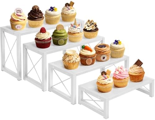 Tiered Display Stand, Wooden 4 Tier Display Risers, Nesting Cupcake Stand for Dessert, Food, Cupcake
