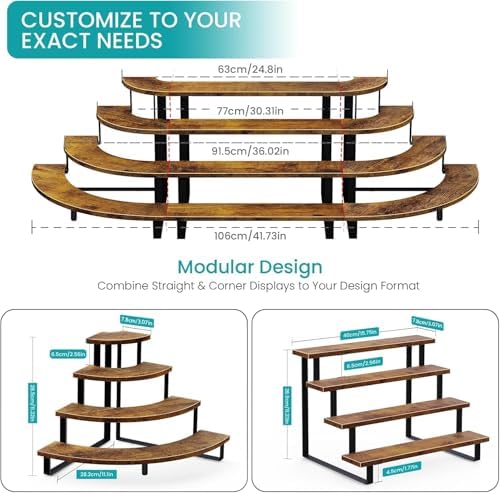 Tiered Display Stand, Wooden Display Risers, 4 Tier Display Shelf in rustic brown, alternate view 3
