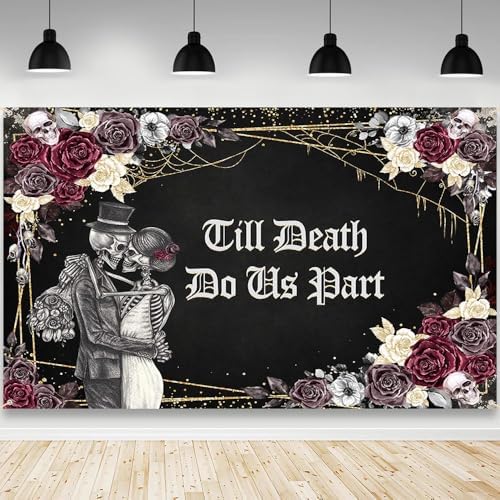 Till Death Do Us Part Halloween Wedding Decorations Backdrop 6x3.6ft in 70.8x43.3inch in Black