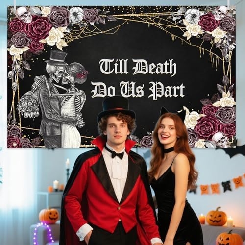 Till Death Do Us Part Halloween Wedding Decorations Backdrop 6x3.6ft in 70.8x43.3inch in Black, alternate view 4