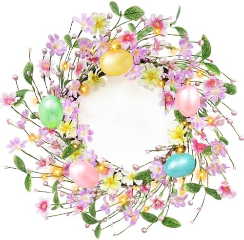 Timer - 20 Inch Easter Wreaths for Front Door Easter Decorations, Easter Wreath with 20 LED Lights Colorful Eggs