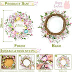 Timer - 20 Inch Easter Wreaths for Front Door Easter Decorations, Easter Wreath with 20 LED Lights Colorful Eggs, alternate