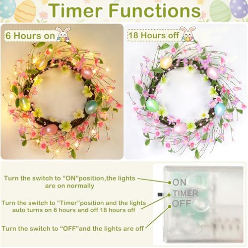 Timer - 20 Inch Easter Wreaths for Front Door Easter Decorations, Easter Wreath with 20 LED Lights Colorful Eggs, alternate