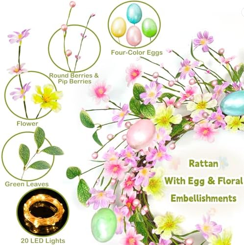 Timer - 20 Inch Easter Wreaths for Front Door Easter Decorations, Easter Wreath with 20 LED Lights Colorful Eggs, alternate
